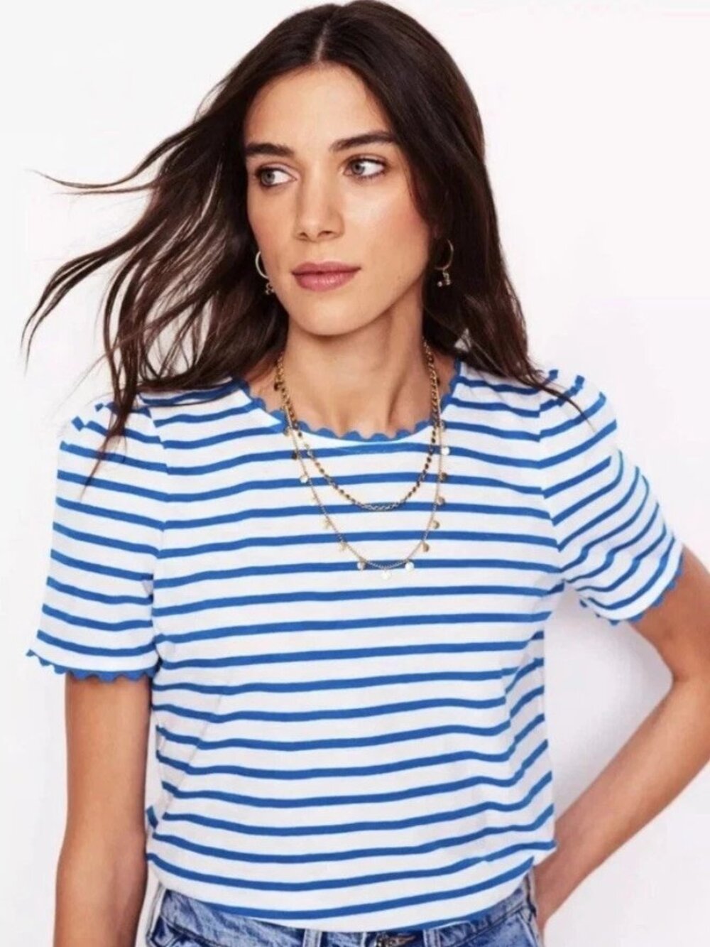 Boden Ali Ric Rac T-shirt White blue stripes scallop trim 8